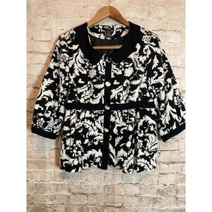 Bob Mackie Top Womens 6 Black White Jacquard Linen & Cotton Button Front Lined